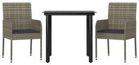 Set salotto giardino 3 pz con cuscini nero e grigio polyrattan