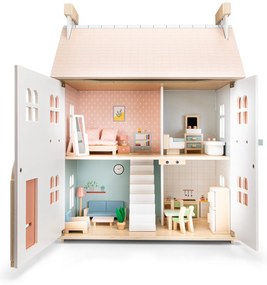 Casa delle bambole in legno con arredamento