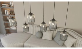 Lampadario 6 Luci Selene In Acciaio Nero E Vetri Plissettati Fumè