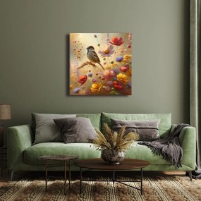 Quadro su tela – Uccellino nella natura in fiore