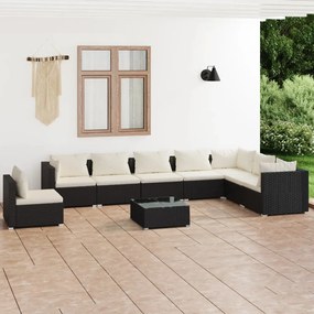 Set Divani da Giardino 9 pz con Cuscini in Polyrattan Nero