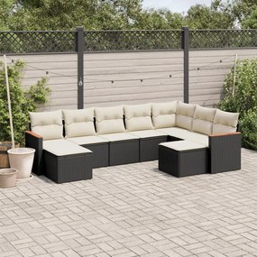 Set divani da giardino 9 pz con cuscini nero in polyrattan