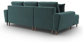 Divano angolare color petrolio allungabile e con contenitore (con penisola a sinistra/con chaise lounge) con rivestimento in velluto Kyoto – Cosmopolitan Design