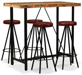 Set Da Bar 5 Pz İn Legno Massello Di Recupero E Vera Pelle /