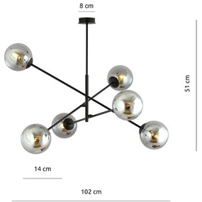 Lampadario 6 Luci Yama In Acciao Nero Con Bracci Regolabili E Vetro Fumè