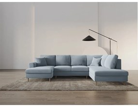 Divano angolare azzurro allungabile e con contenitore (con penisola a destra/a U) con rivestimento in velluto Kyoto – Cosmopolitan Design