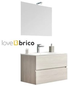 Mobile da bagno sospeso 80 cm con lavabo, specchio e led rovere grigio