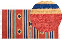 Tappeto Kilim multicolore in cotone 80 x 150 cm tessuto a mano a trama piatta reversibile con motivi geometrici e frange, tradizionale Boho, per il soggiorno e la camera da letto.