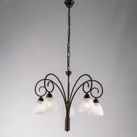 Lampadario 5 Luci Ferro Batturo Nero e Ruggine e Vetro Bianco Serie Aurelio