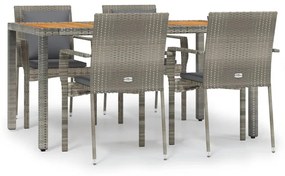 Set da pranzo da giardino 5 pz con cuscini in polyrattan grigio