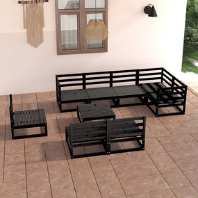 Set Divani da Giardino 9 pz Nero in Legno Massello di Pino