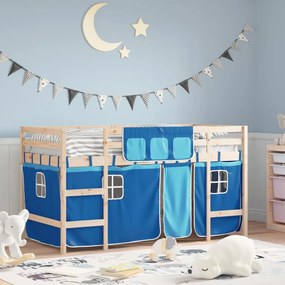 Letto A Soppalco Con Tende Bambini Blu 90x200 Cm Massello Pino /
