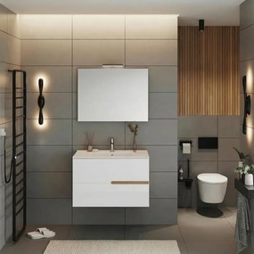 Composizione Eva 80 cm, con due cassetti, rovere naturale e Bianco Lucido, lavabo in ceramica, specchiera e lampada LED