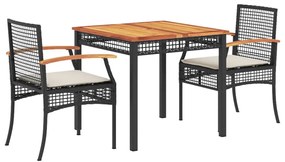 Set da pranzo da giardino 3 pz con cuscini nero in polyrattan