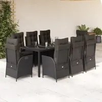 Set da Pranzo da Giardino 9 pz con Cuscini Nero in Polyrattan 3213074