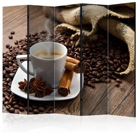 Paravento design Star Anise Coffee II (5 parti) - tazza di caffè su sfondo di legno