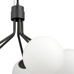Sospensione Moderna 5 Luci Orione In Acciaio Nero E Sfere Vetro Opale