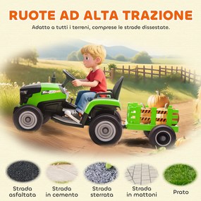 Trattore Elettrico per Bambini 12V con Rimorchio Staccabile 139x58x55 cm e Telecomando Verde...
