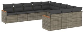 Set divani da giardino 11 pz con cuscini in polyrattan grigio