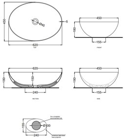 Cielo Eco Bacinella 62x45 Ovale Da Appoggio Senza Troppo Pieno talco