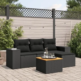 Set divani da giardino 5 pz con cuscini in polyrattan nero