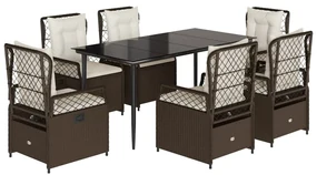 Set da pranzo da giardino 7pz con cuscini in polyrattan marrone