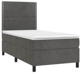 Letto a molle con materasso e led grigio scuro 80x200cm velluto