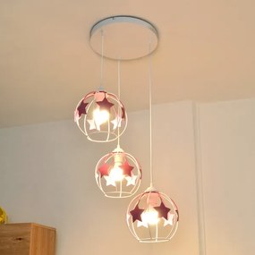 Lampadario a sospensione per bambini STARS 3xE27/15W/230V rosa/bianco