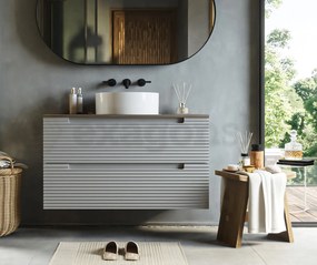 Mobile bagno clear grey 100x45 Mango due cassetti soft close con top quercia e lavabo tondo da appoggio in ceramica lucida