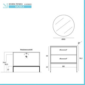 Mobile bagno sospeso 80cm tortora con due cassetti e specchio Brik