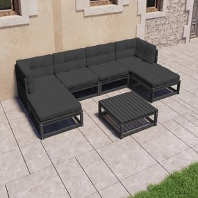 Set divani da giardino 7 pz con cuscini in pino massello nero