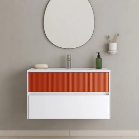 Mobile da bagno sospeso sotto lavabo Niwa 2 cassetti L 89.5 x H 50 x P 45.5 cm bianco e paprika cannettato