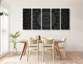 Quadri 5 pezzi – Mandala vintage in stile indiano in bianco e nero
