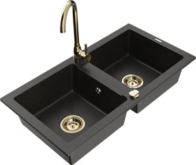 Mexen Mario lavello da cucina in granito a 2 vasche con rubinetto Telma, nero/oro - 6504-75-670200-50