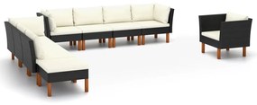 Set divani da giardino 9pz polyrattan legno di eucalipto nero
