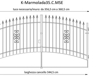 Cancello Marmolada in ferro, apertura centrale, L 358.5 x H 195 cm, di colore ruggine