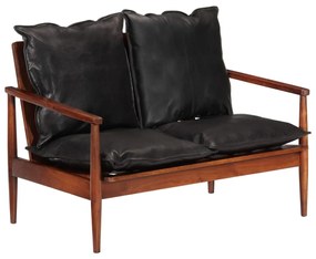 Divano 2 Posti Nero Vera Pelle E Legno Massello Acacia /