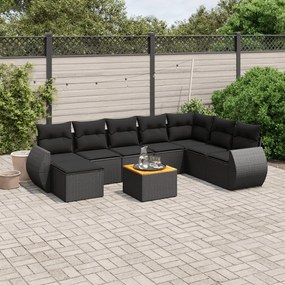 Set divani da giardino 9 pz con cuscini nero in polyrattan