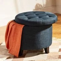 Pouf Contenitore Poggiapiedi in legno e tessuto Blu Sgabello Baule con scomparto