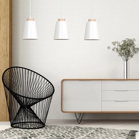 Lampadario 3 Luci Lancillotto Con Paralumi A Cono In Acciaio Bianco E Legno Naturale