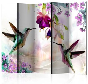 Paravento design Colibrì e fiori II - uccello e piante colorate su sfondo multicolore