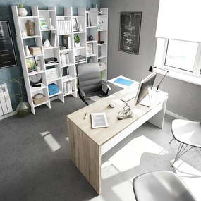 Ufficio completo con scrivania ad angolo e 2 librerie, bianco artik e rovere canadian