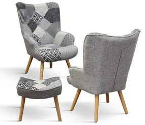 Poltrona HAVANA in tessuto patchwork grigio e gambe in legno, con poggiapiedi