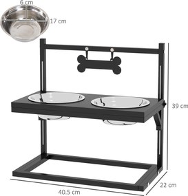 Portaciotole per Cani Rialzata con Altezza Regolabile 40,5x22x39 cm 2 Ciotole in Acciaio da 900ml Nero...