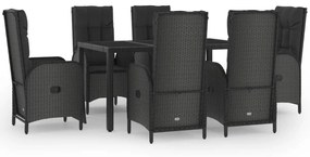 Set da pranzo da giardino 7 pz nero con cuscini in polyrattan