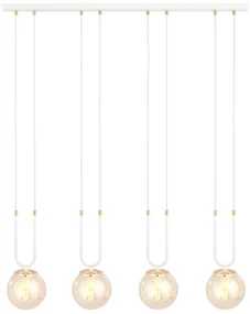 Sospensione Contemporanea 4 Luci Glam Acciaio Bianco Oro E Sfera Vetro Ambra