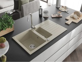 Mexen Matias lavello in granito 1,5 vasche con gocciolatoio 900 x 505 mm, beige, sifone cromato - 6502901505-69