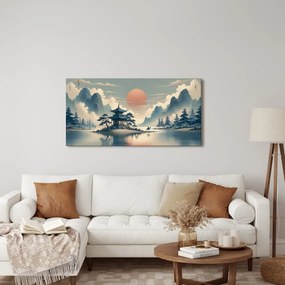 Quadro su tela – Cavaliere vicino a pagoda tra le montagne