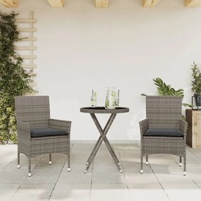 Set Da Bistrò 3 Pz Con Cuscini Grigio Polyrattan E Vetro /