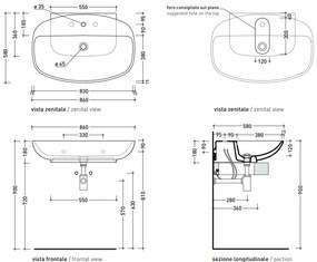 Flaminia NUDA 85 lavabo 85x58 da appoggio o sospeso monoforo con piano rubinetteria in ceramica bianco